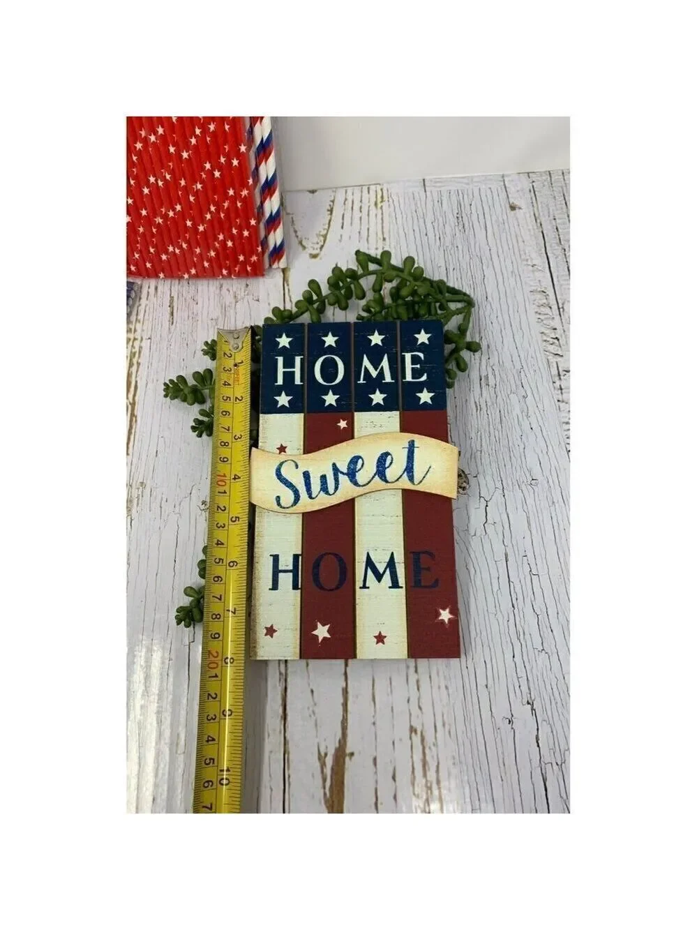 Patriotic Home Sweet Home Sign 8 Inch 54 Paper Straws Stars Stripes Red White